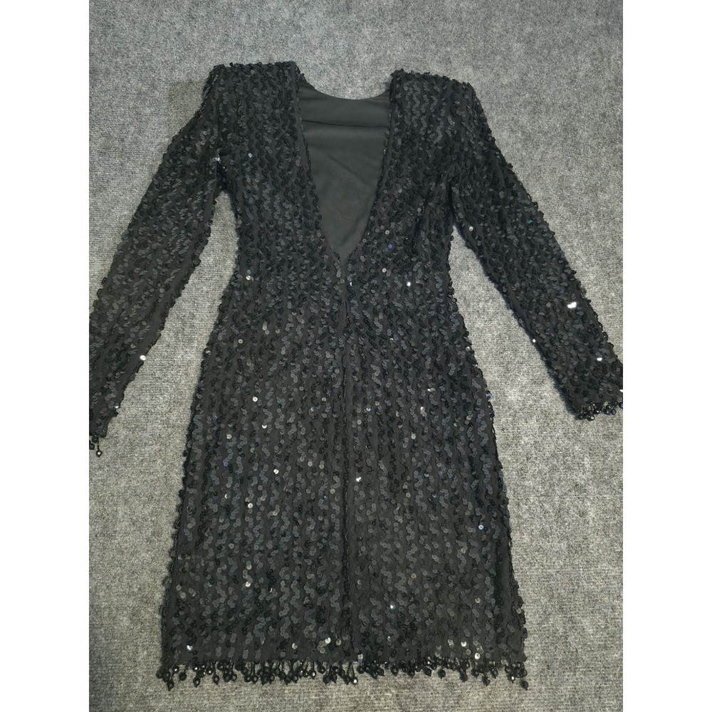 Vintage 80s Climax Karen Okada Black Sequin Backless Mini Dress Size 7/8 - Picture 3 of 7